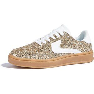 Lucky Step Women Gold White Sparkly Bling Shiny Dressy Bedazzled Bridal Sneakers